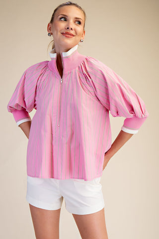 Pink Stripe Mock Neck Band Puff Sleeve Blouse