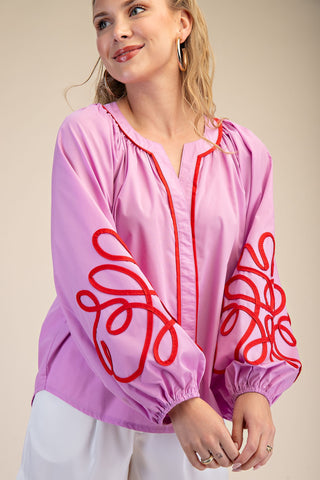 Soutache Contrast Detail Puff Sleeve Blouse