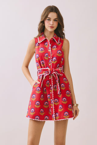 Floral Print Contrast Scalloped Trim Detail Dress