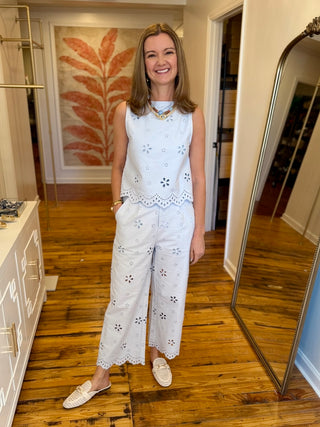 Light Blue Eyelet Wide-Leg Pants
