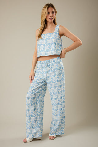 Square Neck Top & Elastic Waist Tie Abstract Pants