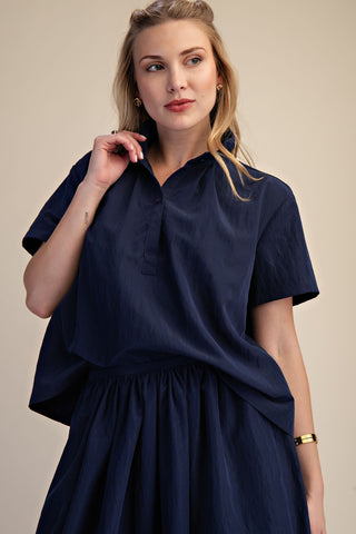 Navy Stand Collar Short Sleeve Shirt