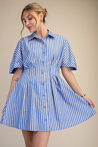 Short-sleeve Striped Belted Shirt Dress