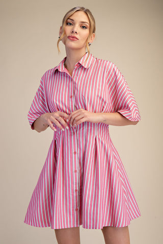 Short-sleeve Striped Belted Shirt Dress