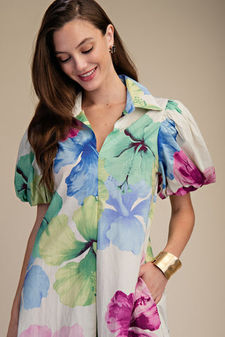 Floral Collar V-neck Pleated Midi Dress