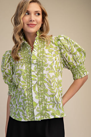 Ruffle V-neck Smocked Puff Sleeve Blouse