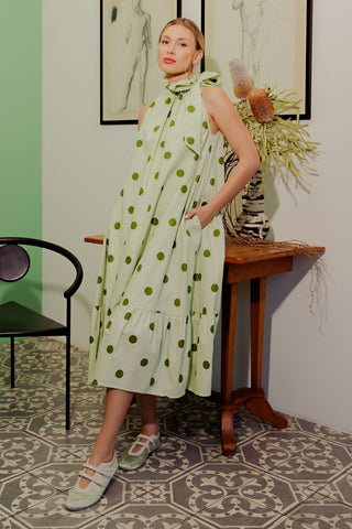 Green Ruffle Neck Tie Sleeveless Polka Dot Midi Dress