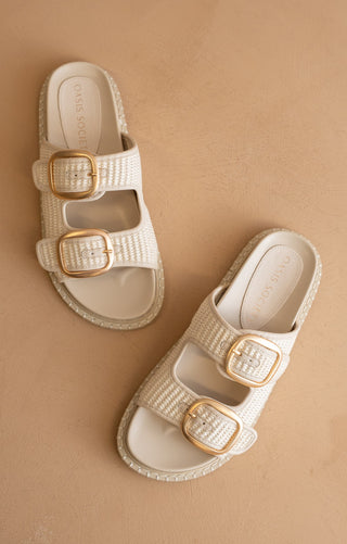 The Daytona- Ivory a Two-Tone Raffia Gold Buckle Sandal