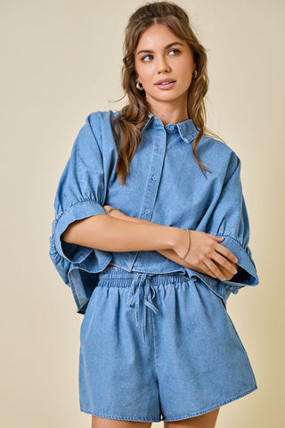 Denim Cropped Button Down Oversized Shirt