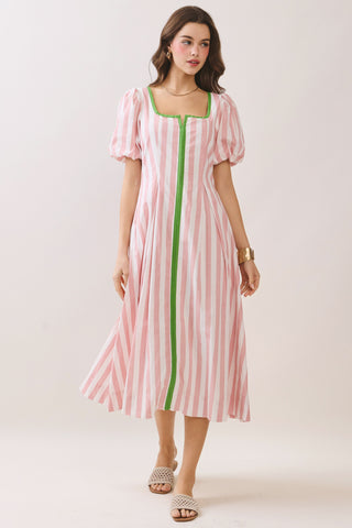 Striped Contrast Piping Detail Square Neck Dress