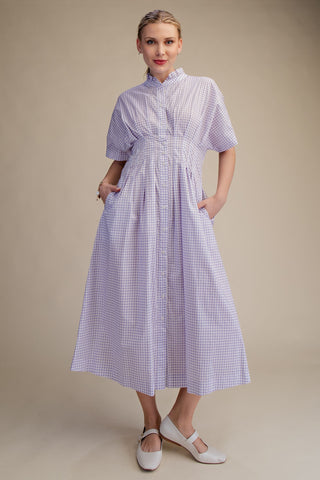 Purple Gingham Check Ruffle Neck Waist Pleated Midi Dress