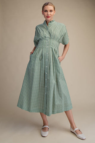 Green Gingham Check Ruffle Neck Waist Pleated Midi Dress