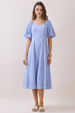 Square Neck Puff Sleeve Smocked Back Midi Dress