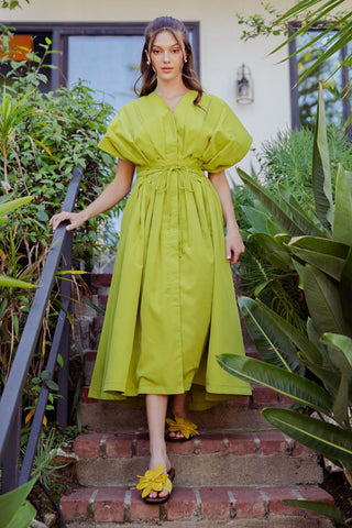 Pleated Waist Tie Flare Midi Dress