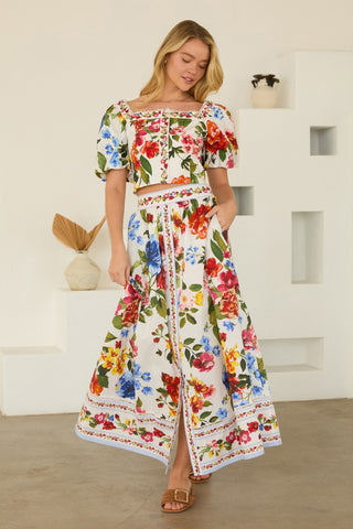 Floral Border Print Puffed Sleeve Top