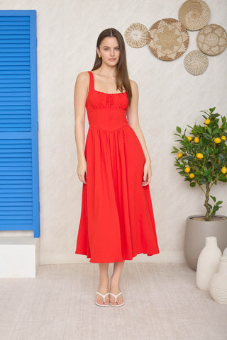 Square Neck Front Tie Corset Detail Midi Dress