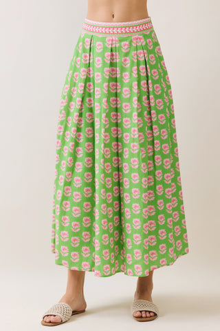 Floral Print Contrast Trim Midi Skirt