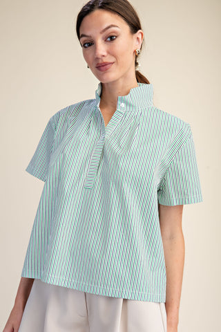 Stripe Shirt Stand Collar Short Sleeve Top