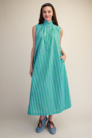 Striped Stand Collar Midi Dress