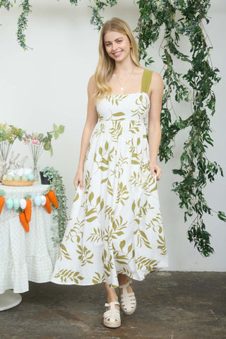 Leaf Print Back Tie Midi Dress