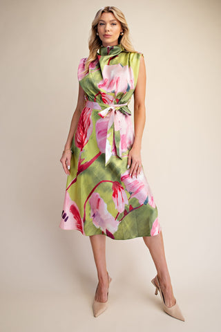 Floral Cowl Neck Waist Tie Midi Dress