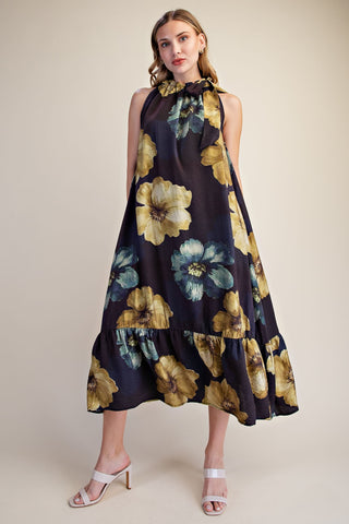 Floral Ruffle Neck Tie Midi Dress