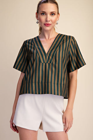 Striped V-neck Short Sleeve Top-Saturday Steal
