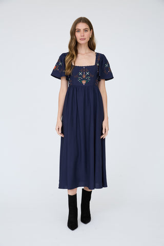 Embroidery Detail Bell Sleeve Midi Dress
