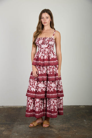 Floral Border Print Ruffle Tiered Midi Dress