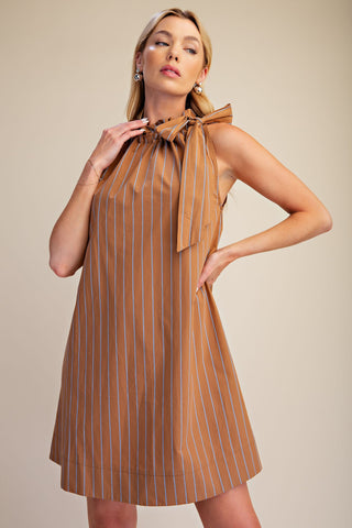 Striped Ruffle Neck Adjustable Tie Dress