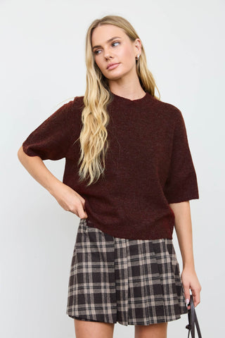 Burgundy Crewneck Short Sleeve Sweater