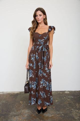 Ruffle Strap Sweetheart Corset Floral Midi Dress