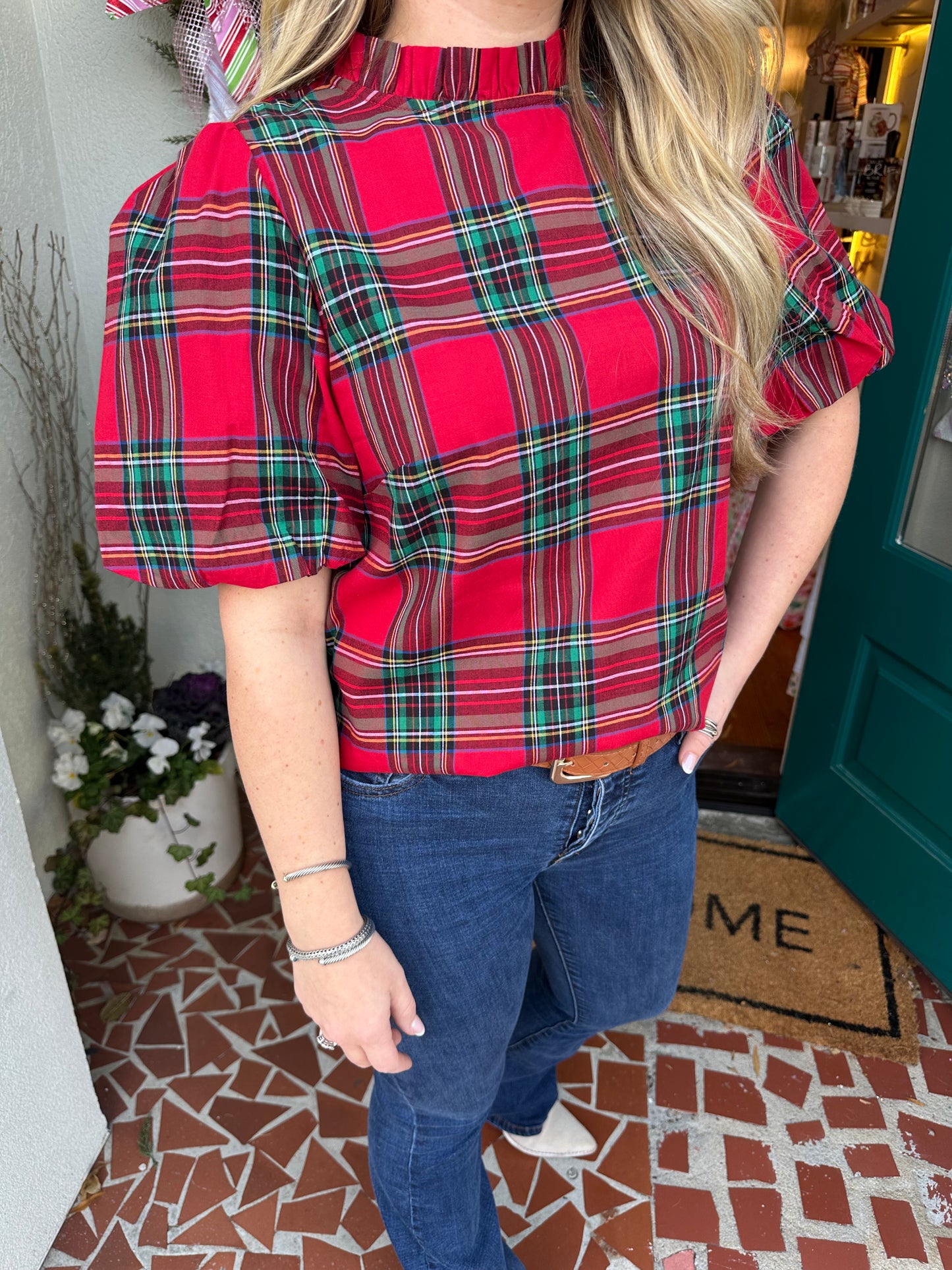 Plaid Ruffle Neck Top