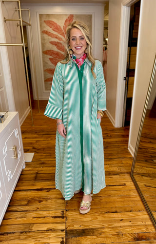 Green Striped 3/4 Sleeve Midi Dress