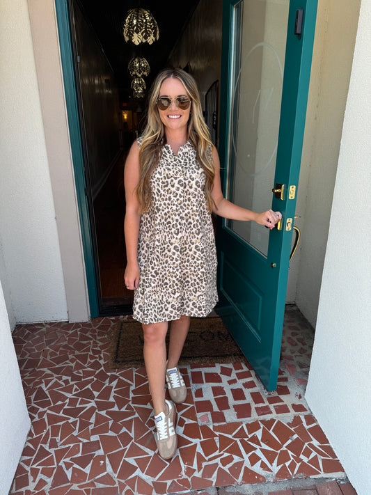 Leopard Print Sleeveless Collared Dress