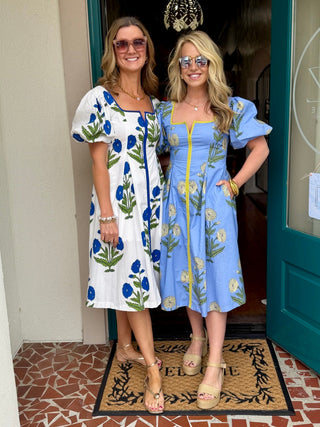 Puff Sleeve Waist Pleated Floral Midi Dress