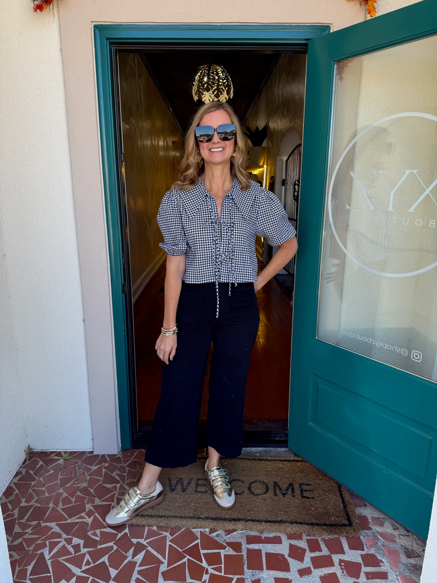 Gingham Plaid Collar Front Tie Closure Shirt