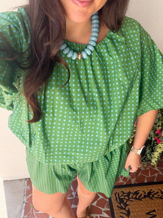 Round Neck Balloon Sleeve Dot Print Top