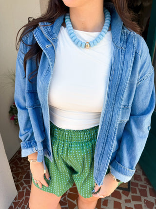 Denim Jacket with Pockets & Waist String