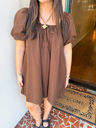Brown Gathered Tie Dress