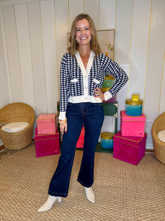 Checkered Pattern Knit Cardigan With Pockets