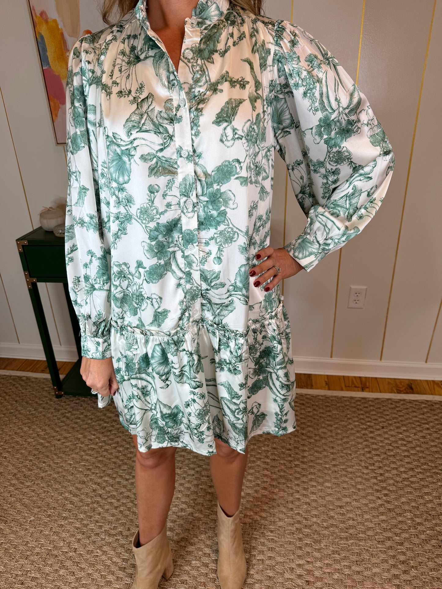 Green Floral Long Sleeve Drop Waist Dress