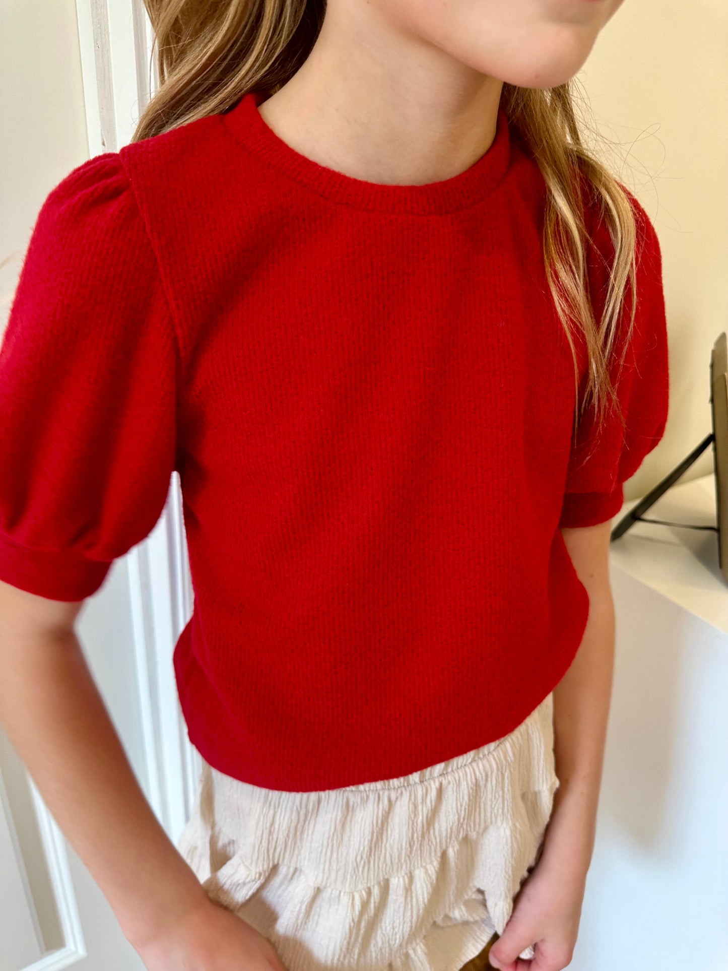 Girls Red Short Puff Sleeve Knit Sweater