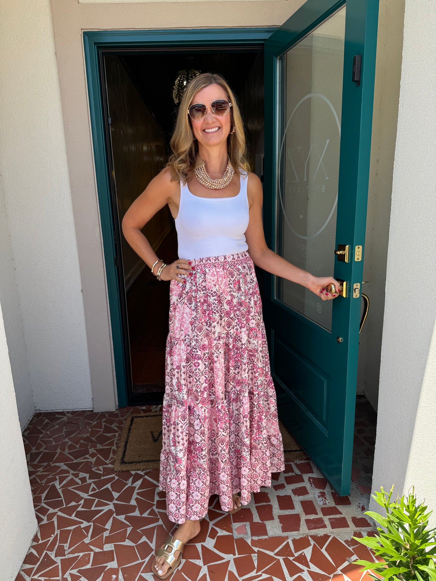 Pink Floral Print A-line Midi Skirt