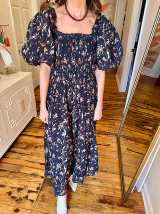 Navy Floral Smocked Maxi Dress