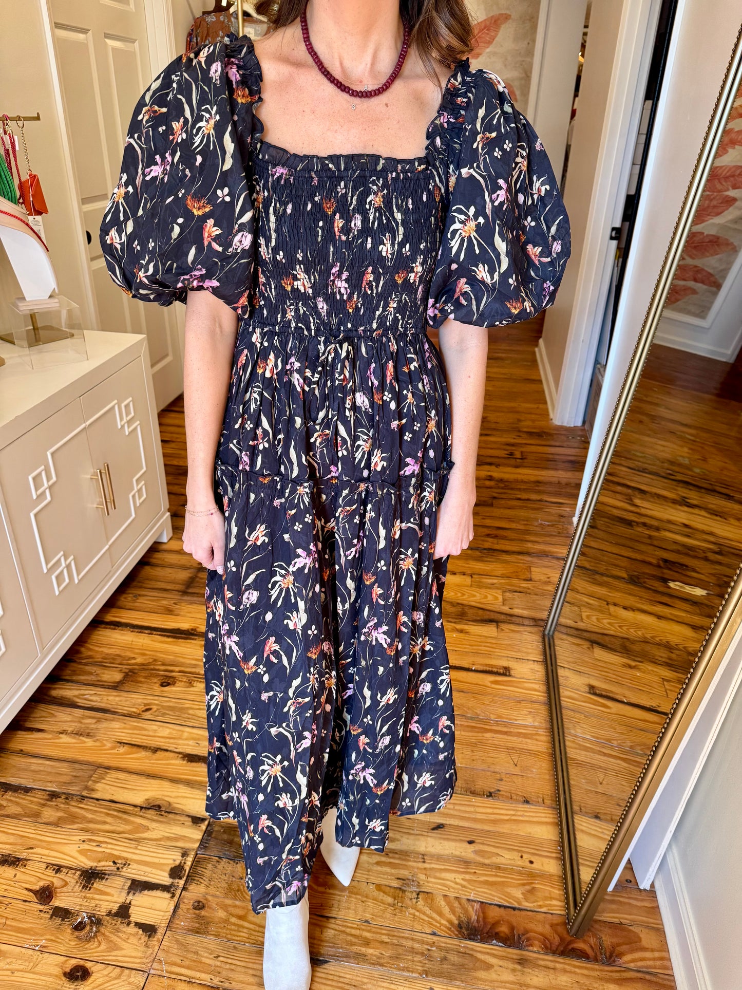 Navy Floral Smocked Maxi Dress