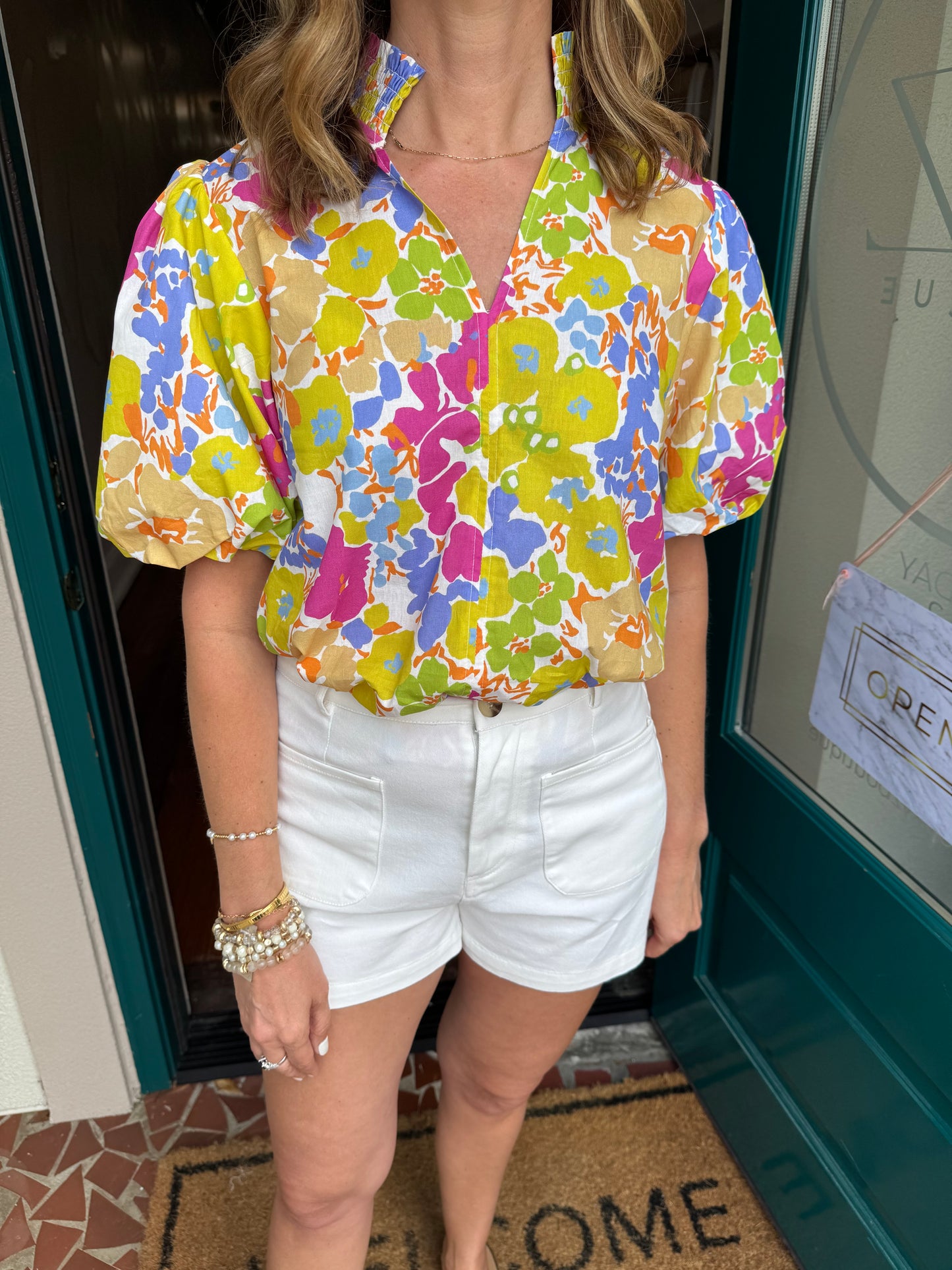 Smocked Collar Puff Sleeve Floral Top