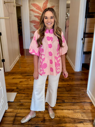 Pink Printed Smocked Collar Top
