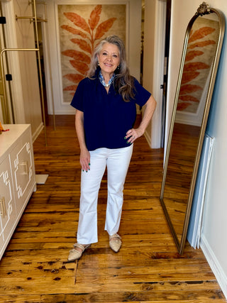 Navy Stand Collar Short Sleeve Shirt