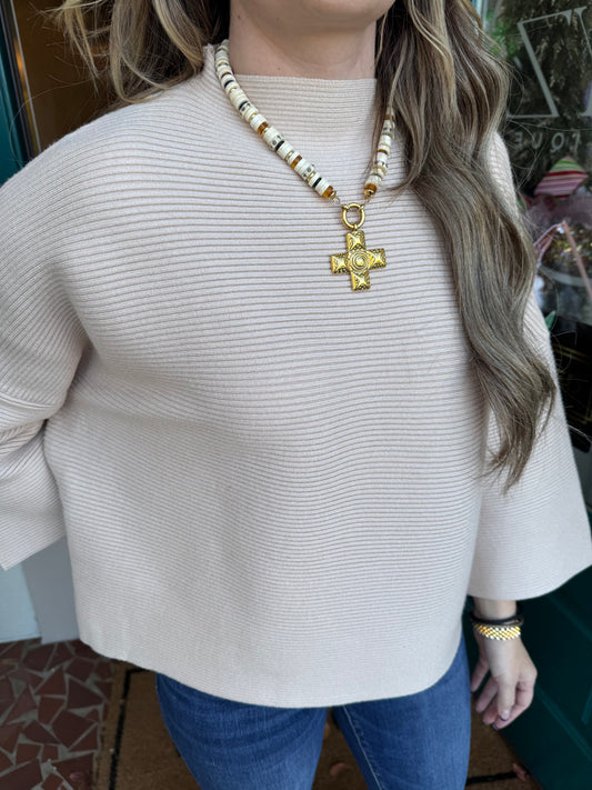 Ribbed Mock Neck Bell Sleeve Sweater